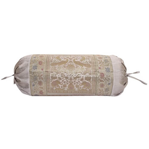 01. DK Homewares Indian Jacquard Brocade Silk Bolster Tube Pillow Covers Cylindrical Hotdog Grey Yoga Masand Home Decor Living Room Elephant