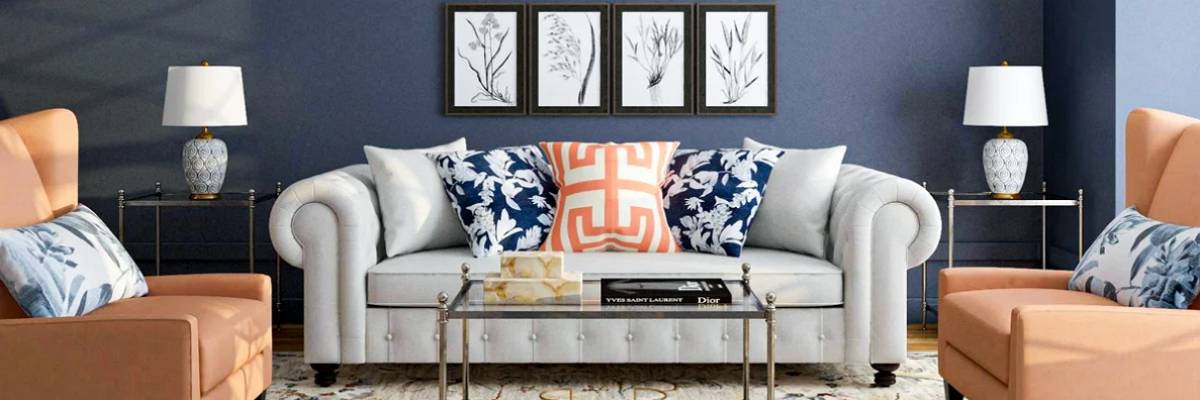 orange and navy blue pillows matching in a contrasting interior