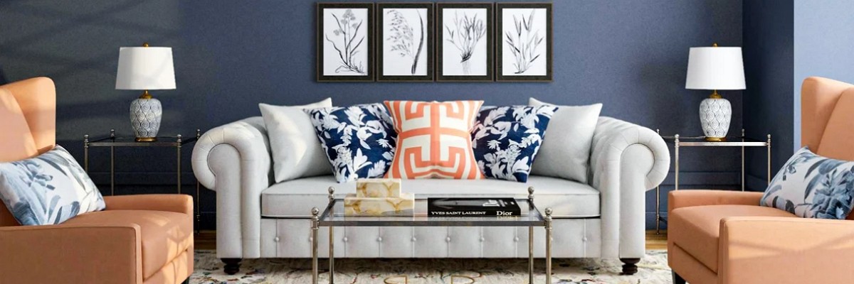 orange and navy blue pillows matching in a contrasting interior