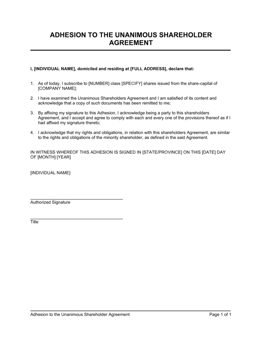 Adhesion to the Unanimous Shareholder Agreement Template