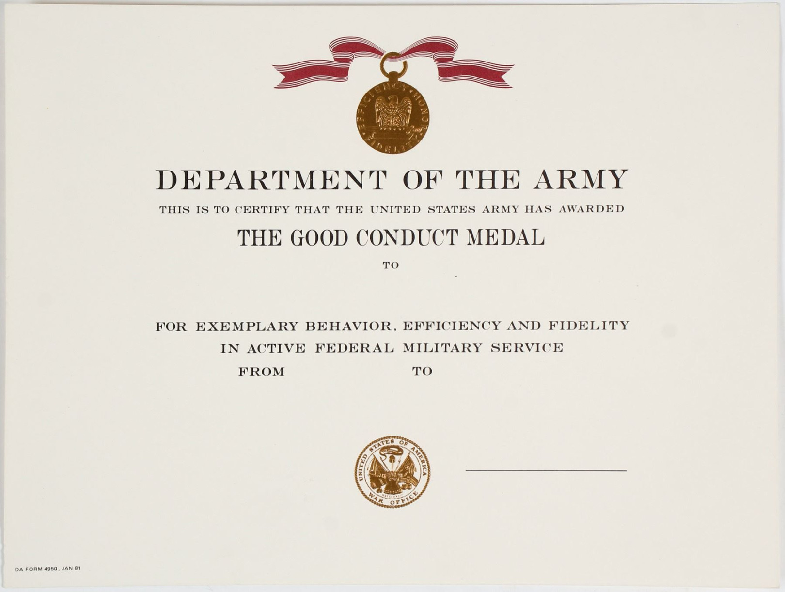 Army Good Conduct Medal Certificate Template