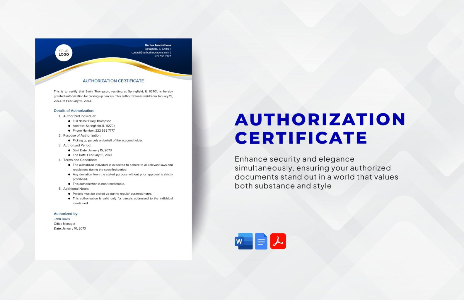 Authorization Certificate Template in Word, PDF, Google Docs