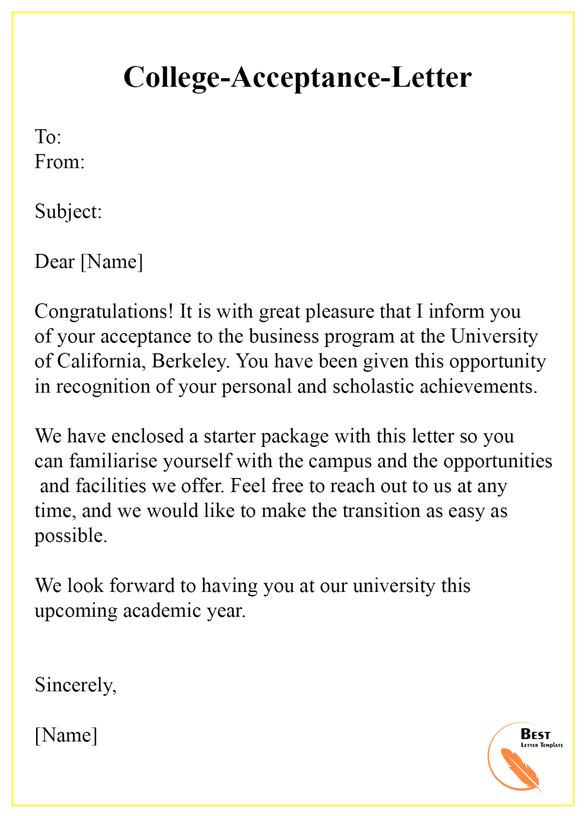 College Acceptance Letter Template - Format, Sample & Examples