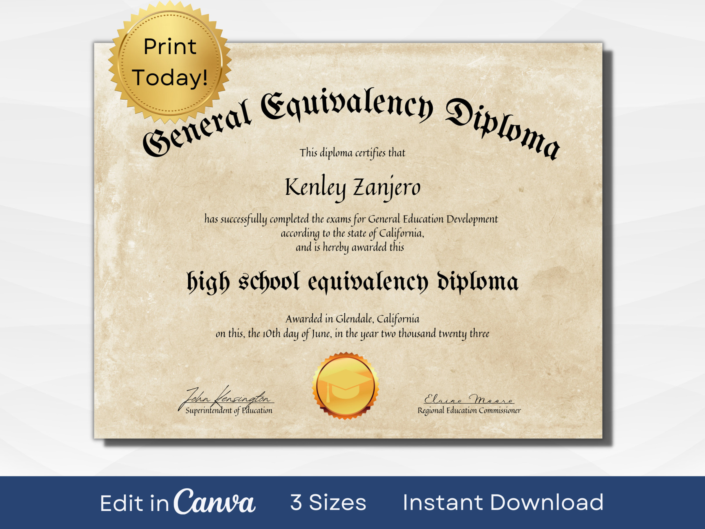 EDITABLE GED Certificate Template Printable High School Diploma A