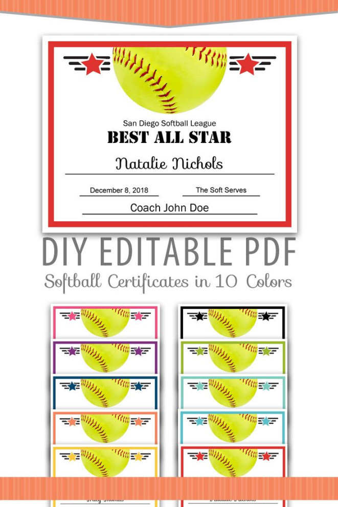 Editable PDF Sports Team Softball Certificate Award Template in