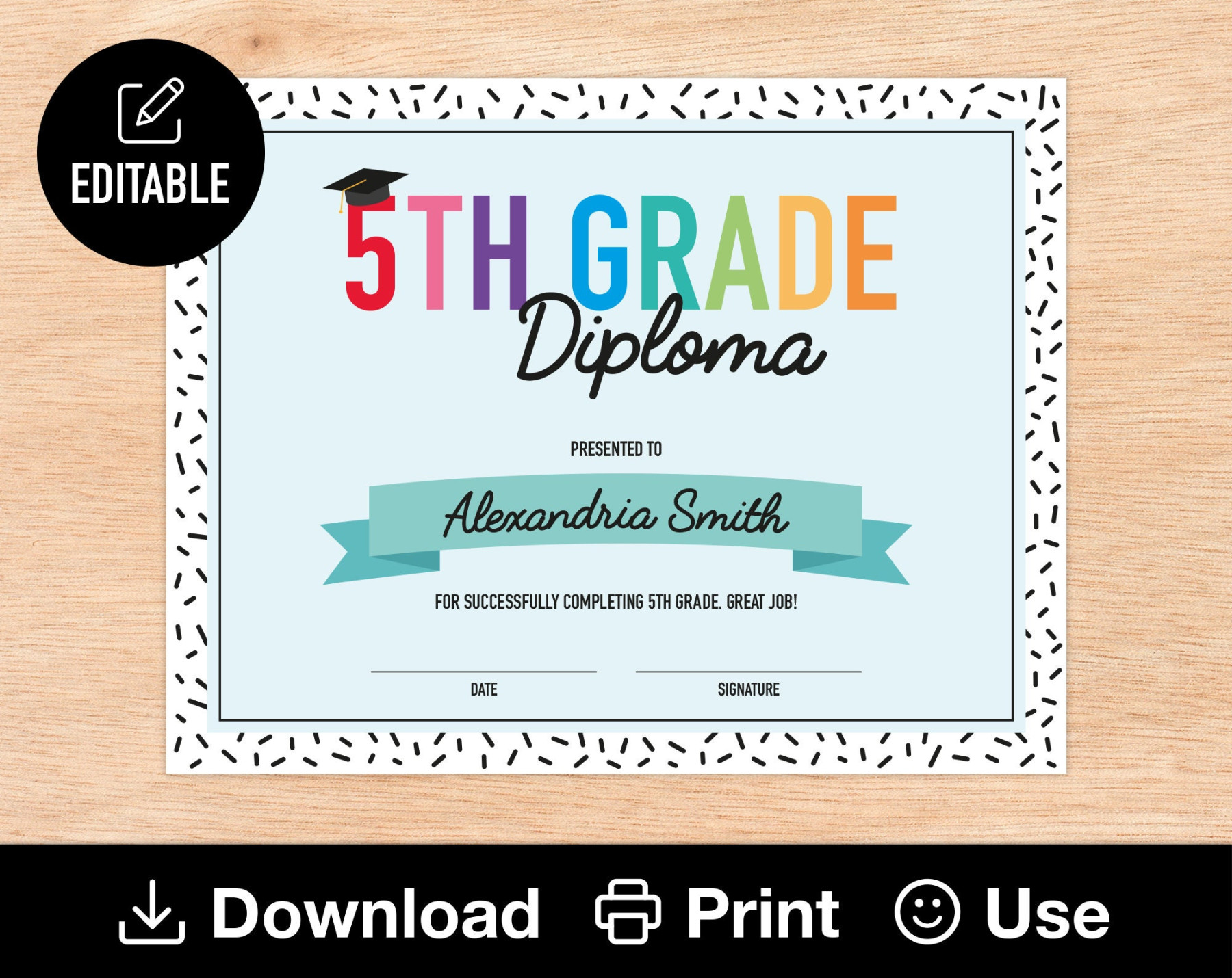 Editable th Grade Diploma, Printable Certificate for Class, End