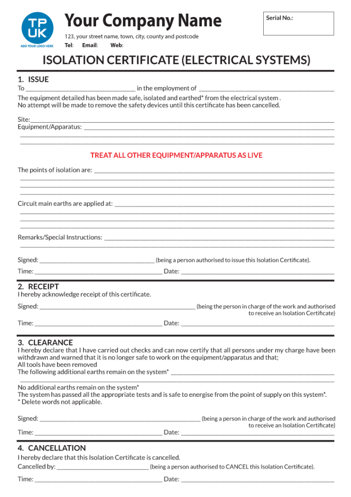 Electrical Isolation Certificate (EIC) Template for Print