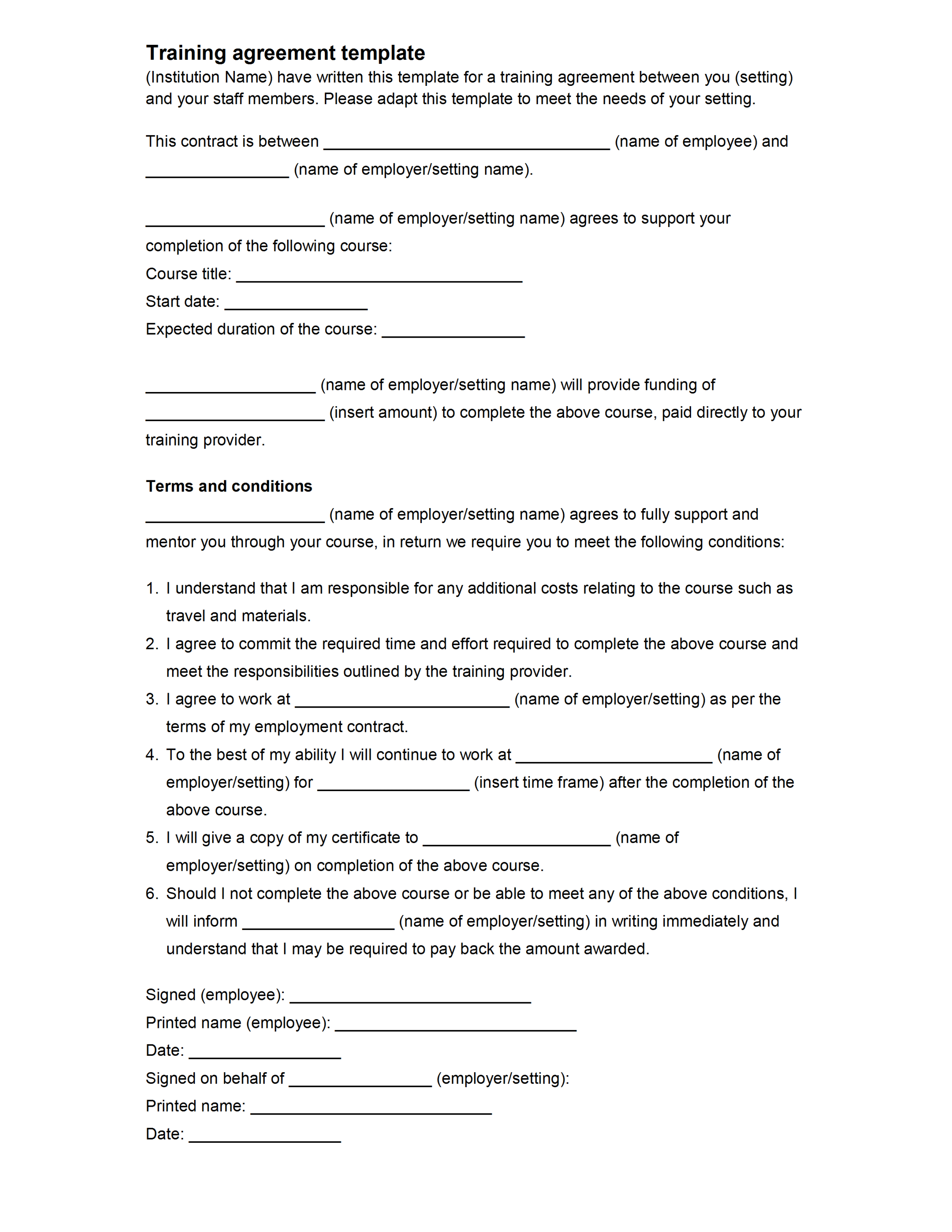 Employee Training Agreement Template