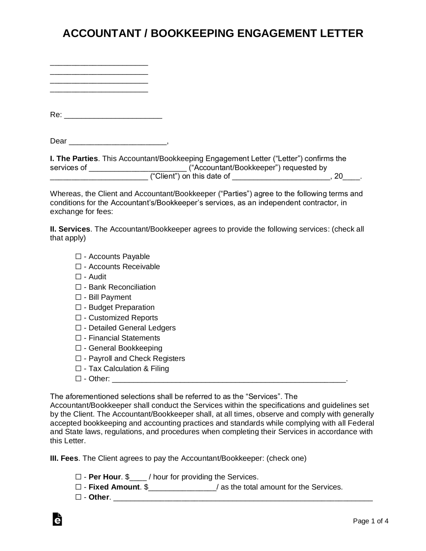 Free Accountant / Bookkeeping Engagement Letter Template  Sample