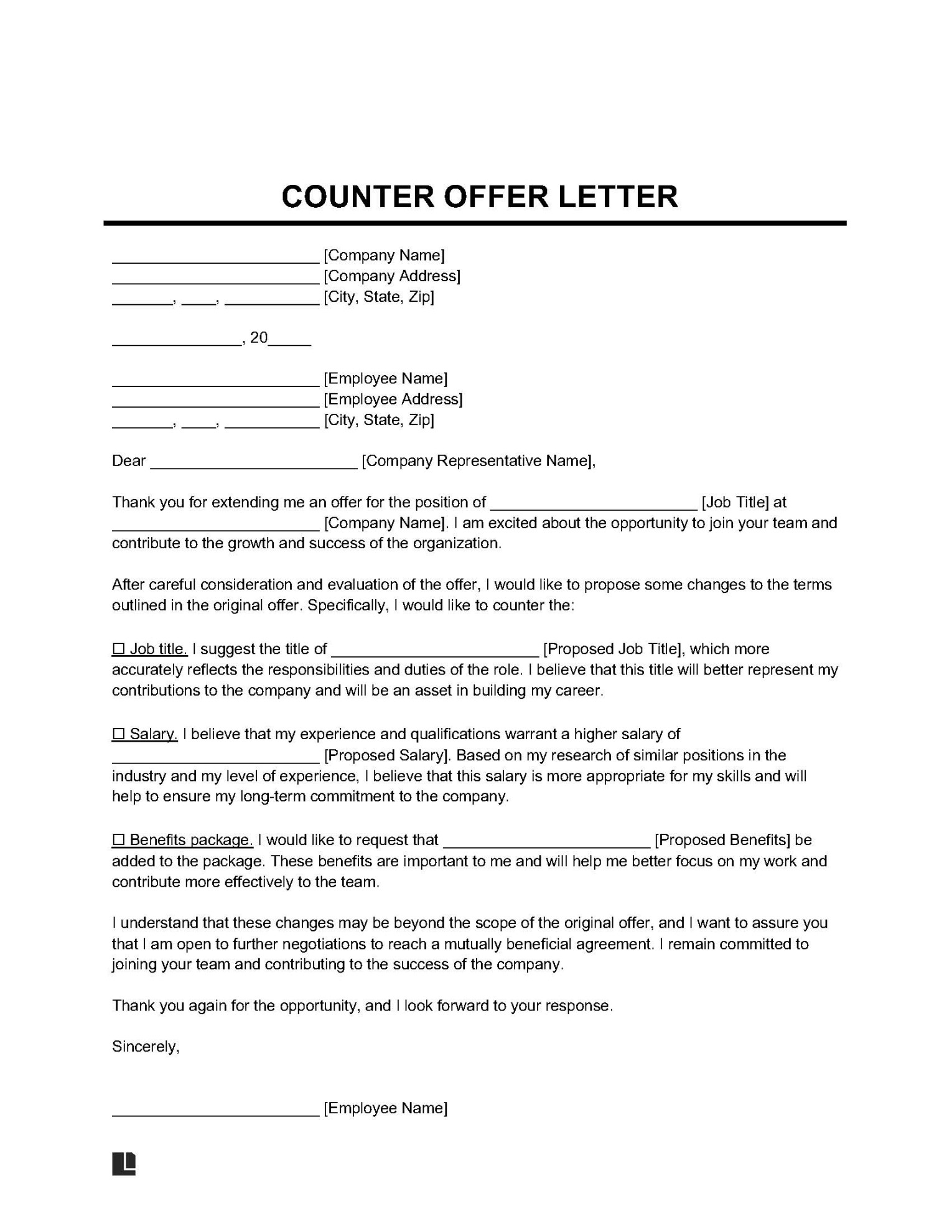 Free Counter Offer Letter Template  Printable PDF & Word