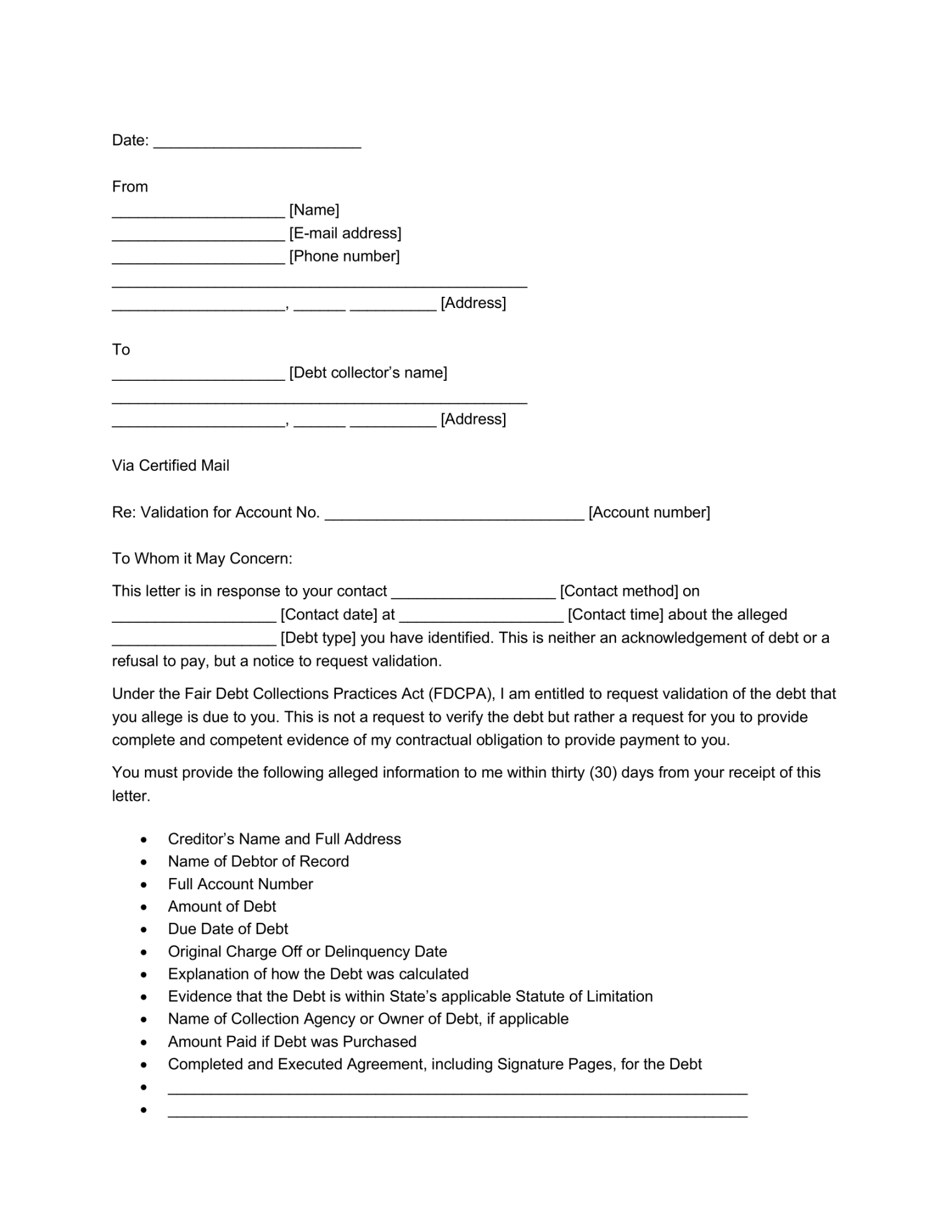 Free Debt Validation Letter Template  PDF & Word