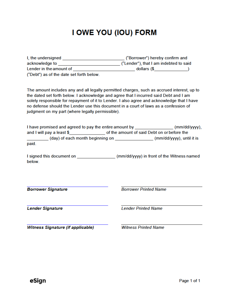 Free I Owe You (IOU) Template  PDF  Word