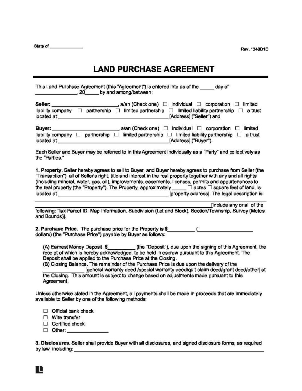 Free Land Purchase Agreement Form  PDF & Word