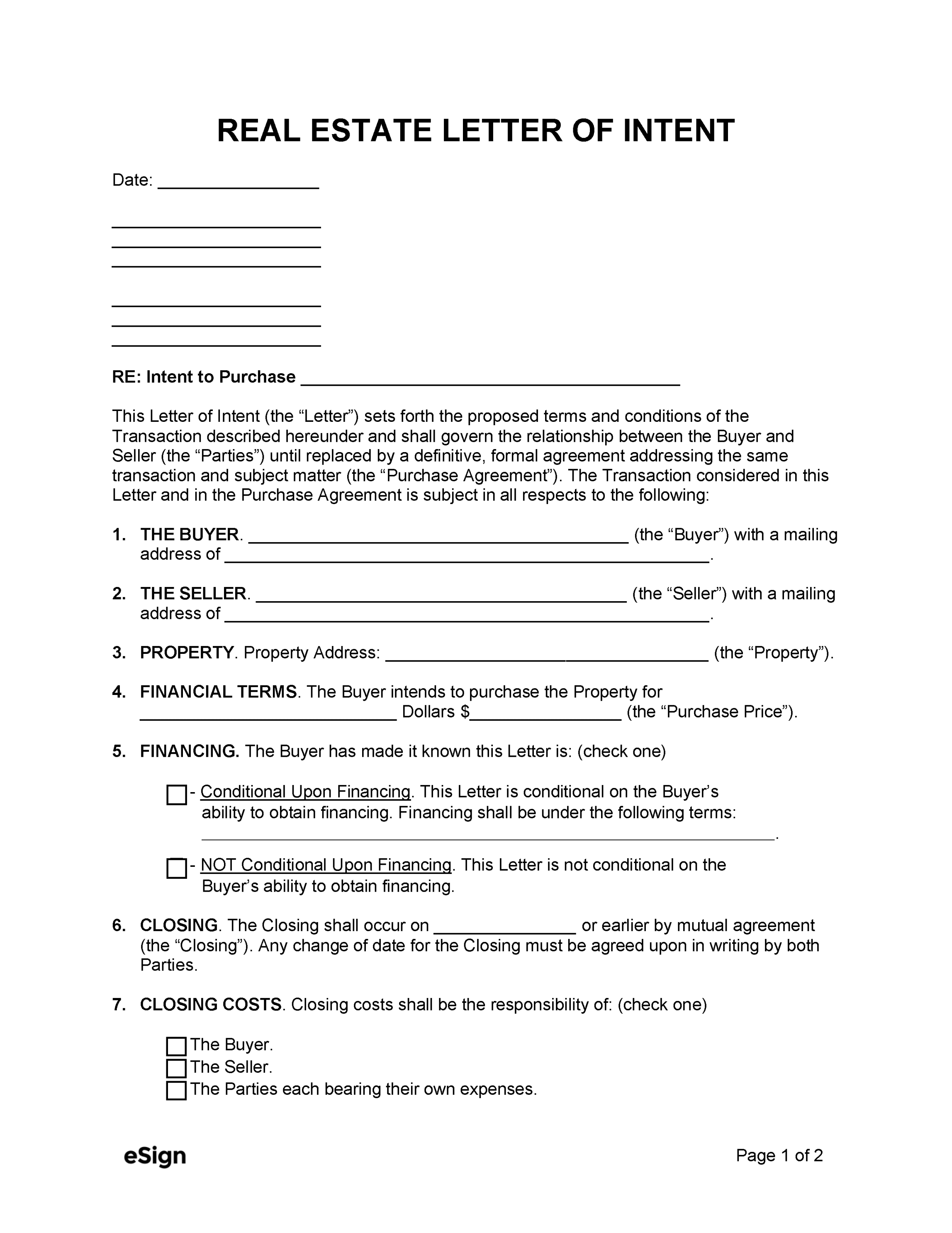 Free Real Estate Letter of Intent (LOI) ()  PDF  Word