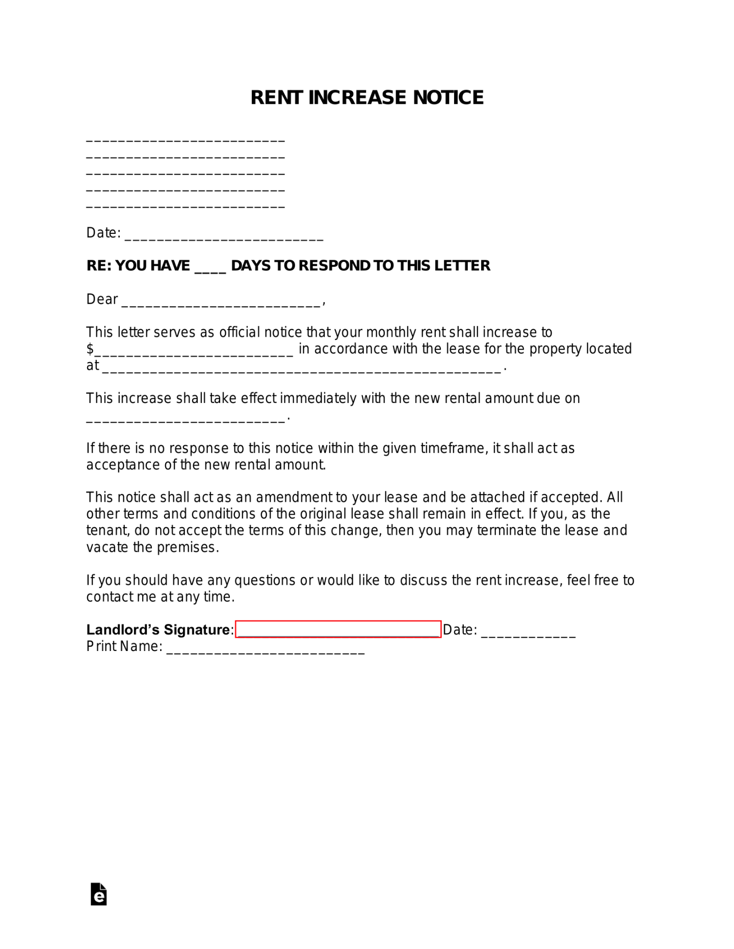 Free Rent Increase Notice Letter  Sample - PDF  Word – eForms