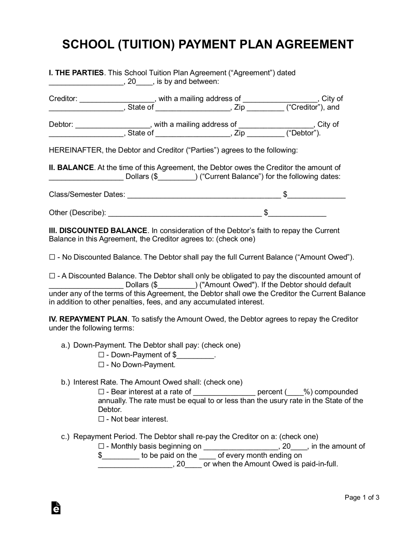 Free School (Tuition) Payment Plan Agreement - PDF  Word – eForms