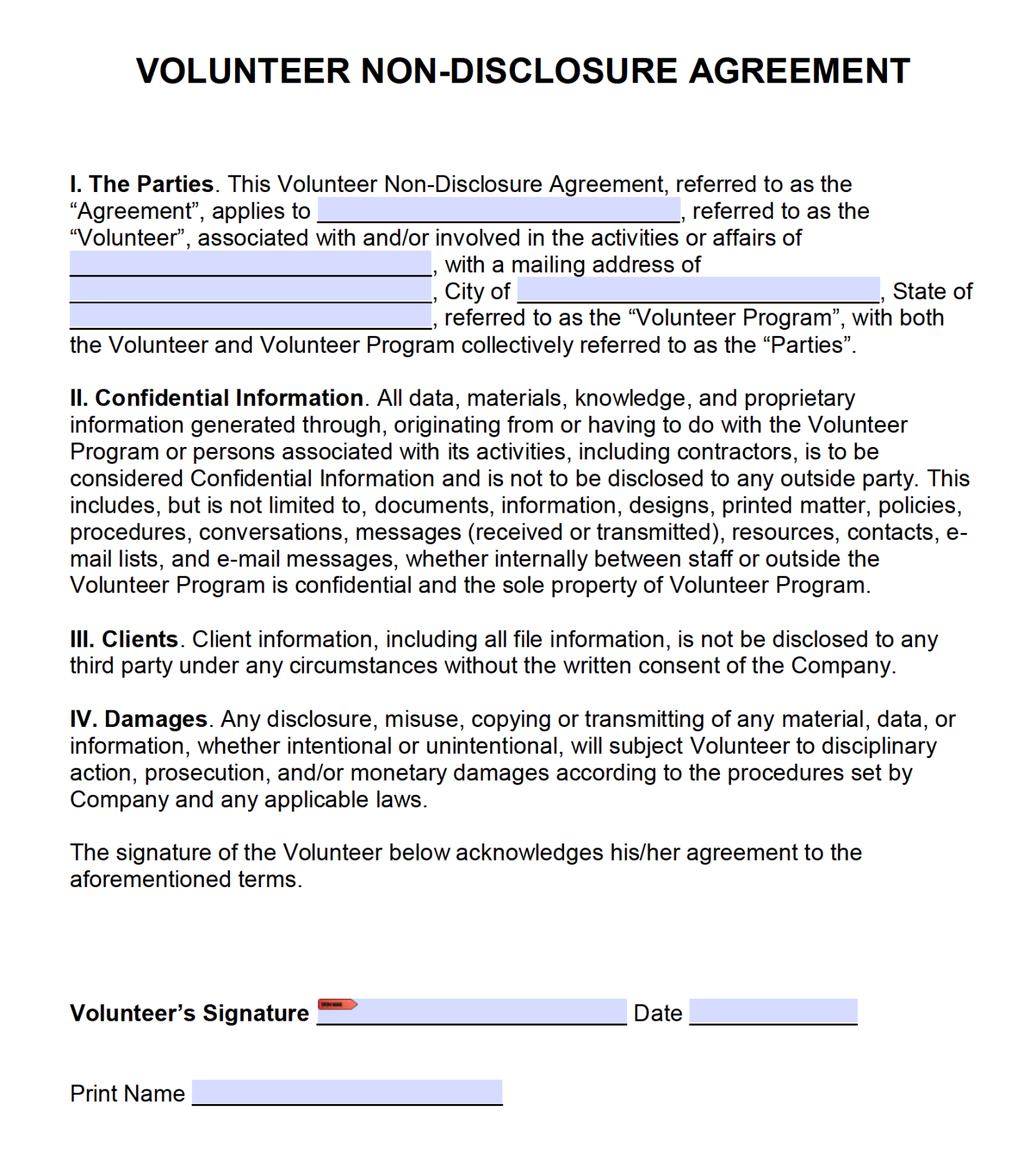 Free Volunteer Non-Disclosure Agreement (NDA)  PDF  Word (