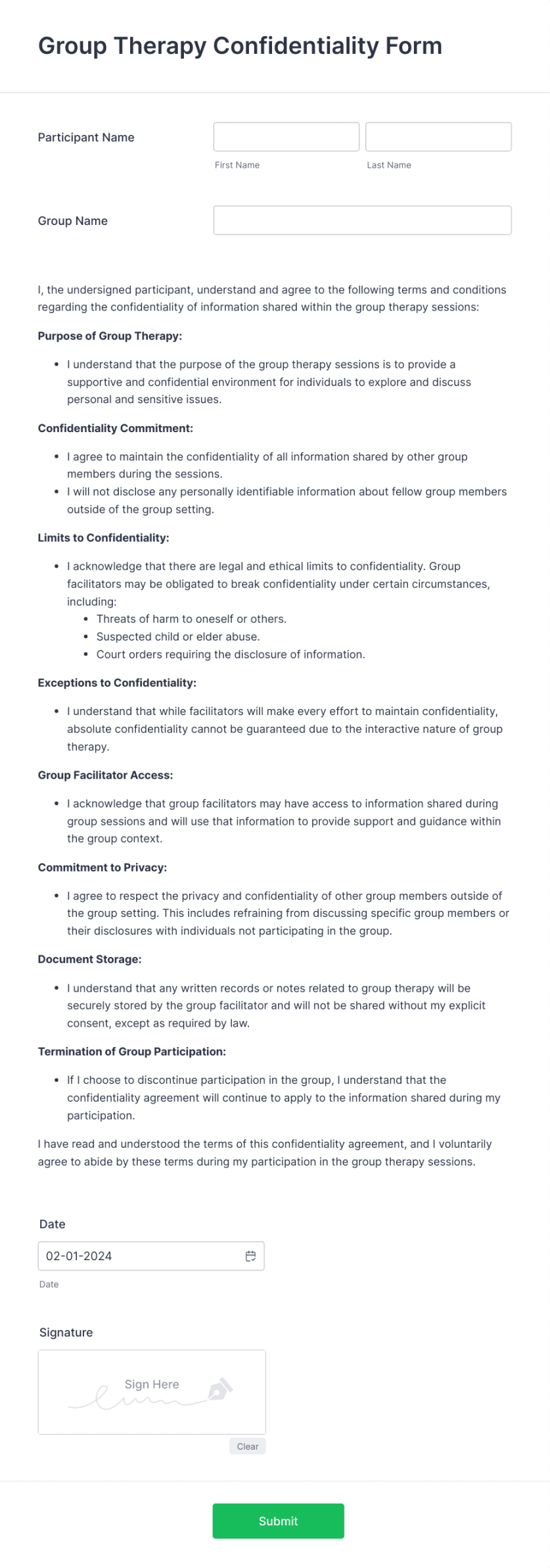 Group Therapy Confidentiality Form Template  Jotform