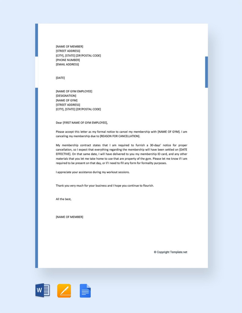 Gym Membership Cancellation Letter Template in Google Docs, Word