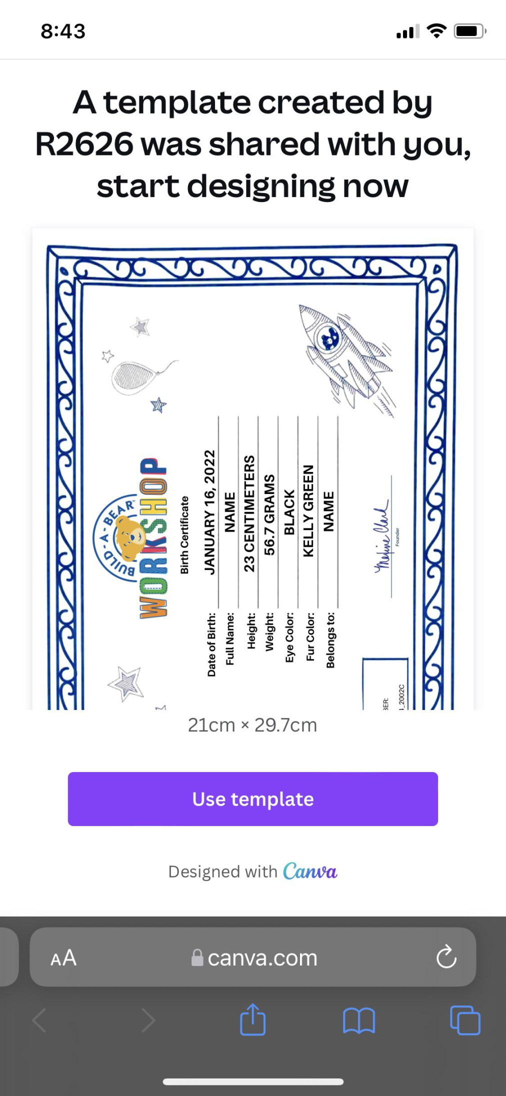 I made a birth certificate template on canva for my thrifted bears