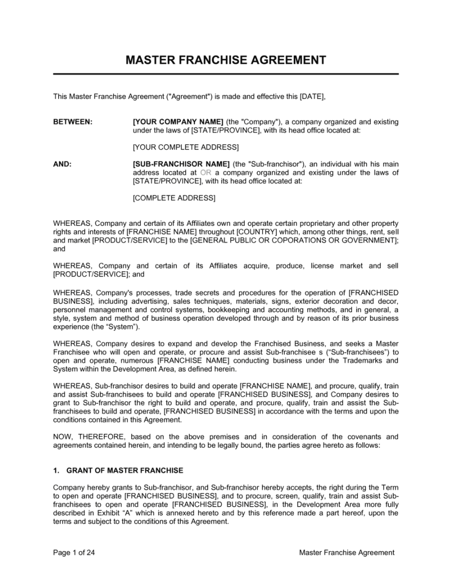 Master Franchise Agreement Template  [Download