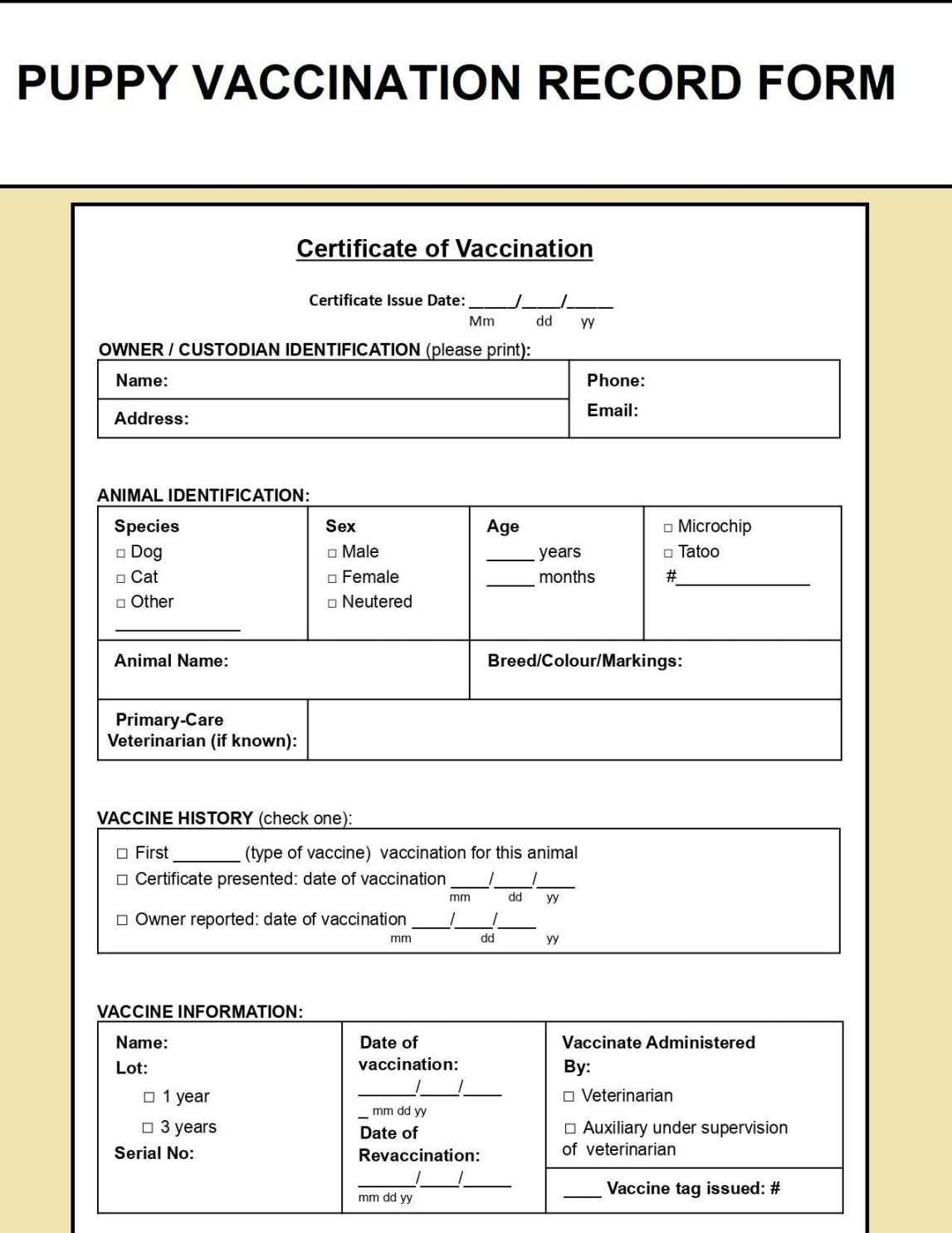 Pet Vaccination Record Template Puppy Vaccination Record Form Dog