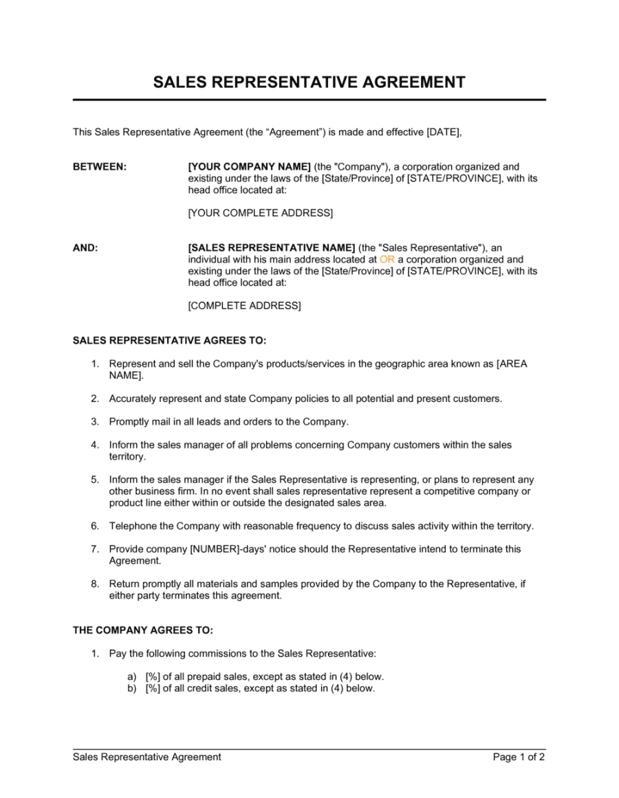 Sales Representative Agreement Template  [Download