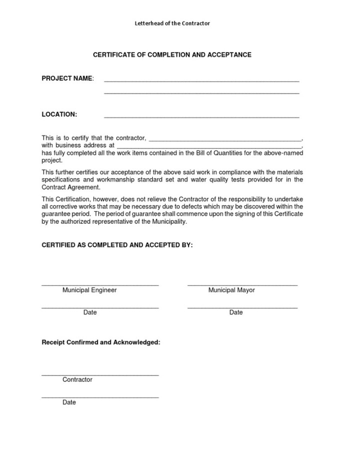 Sample Certificate of Completion & Acceptance  PDF