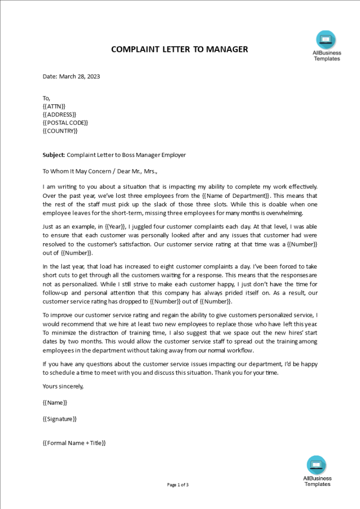 Sample Complaint Letter to Boss / Manager / Employer  Templates