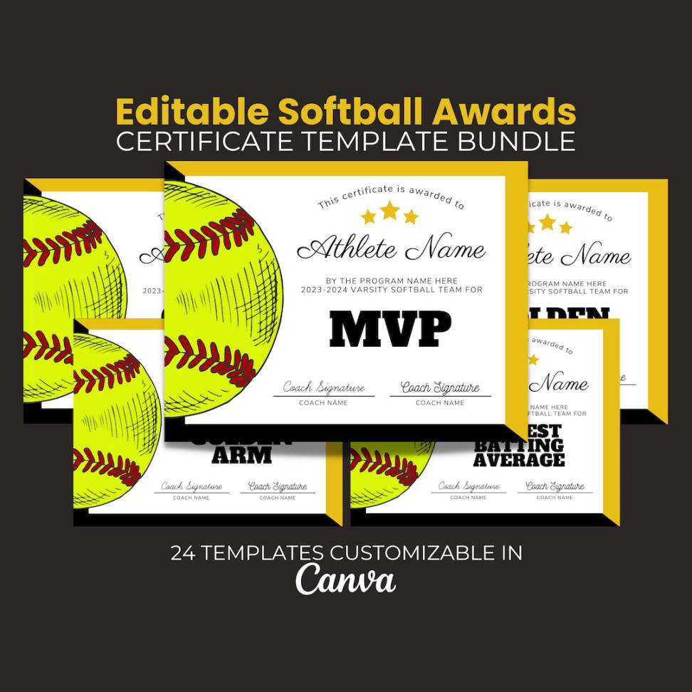 Softball Awards Printable, Softball Team Certificate Bundle, Canva