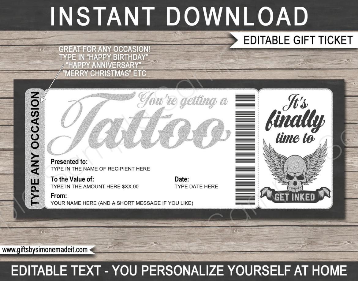 Tattoo Gift Certificate Card Voucher Printable Custom Template