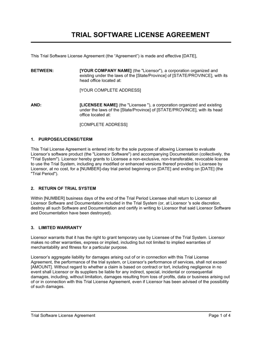 Trial Software License Agreement Template  [Download