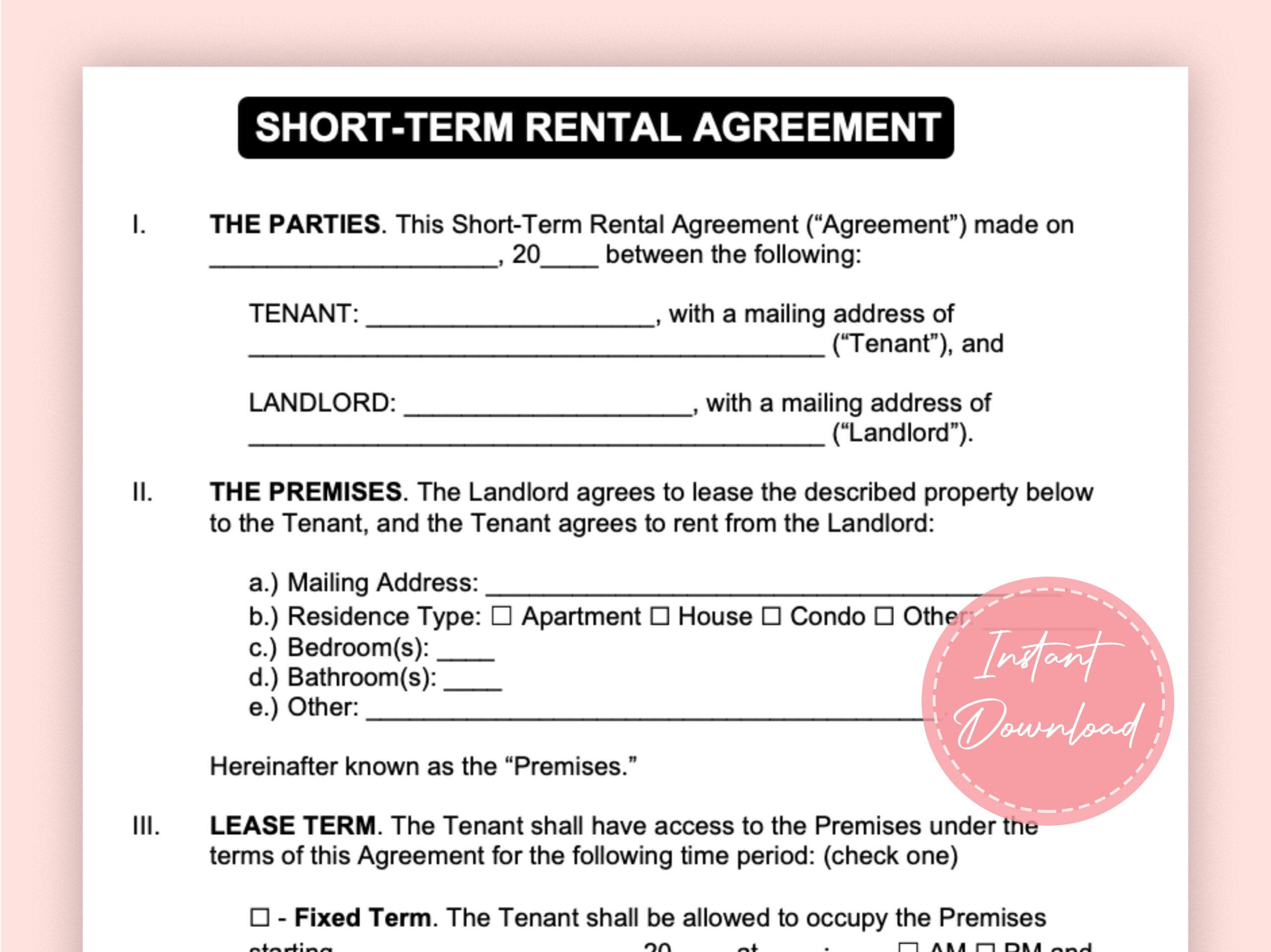 Vacation Rental Agreement Short Term Rental Agreement Short Term