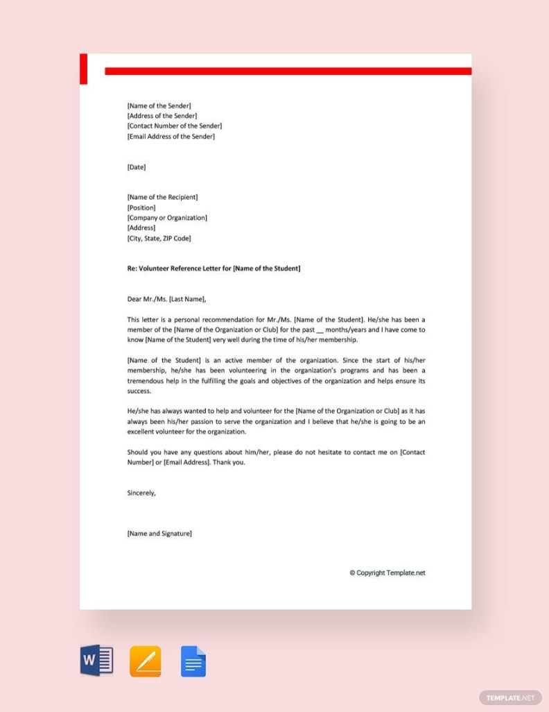 Volunteer Reference Letter For Student in Pages, PDF, Word, Google