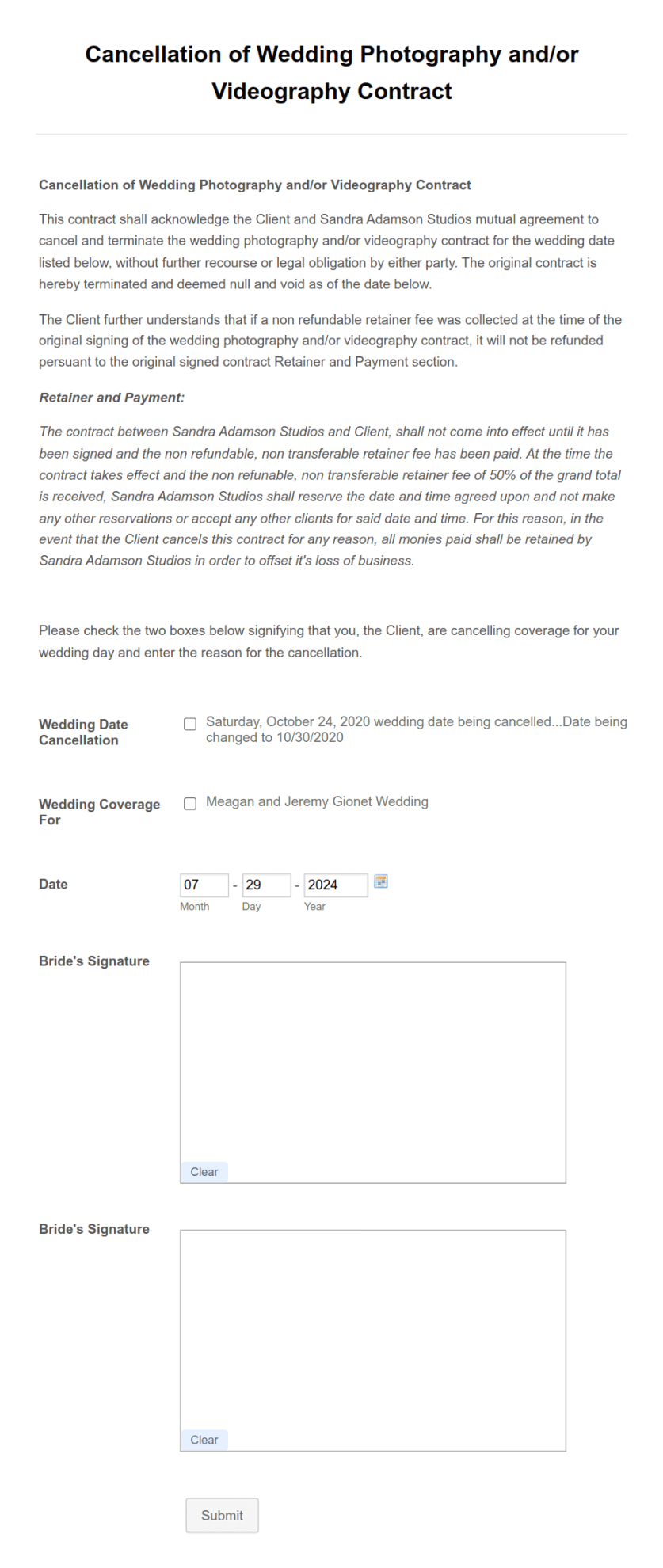 Wedding Photography Contract Cancellation Form Template  Jotform