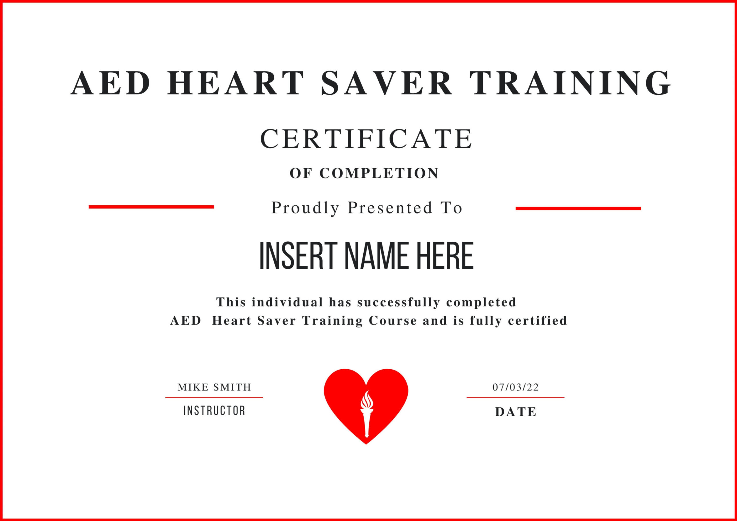 AED Heart Training Certificate, CPR Editable Template, Cpr Course