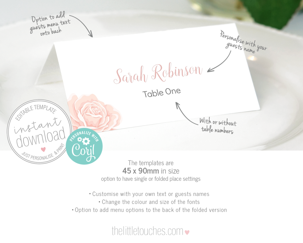 English Rose Printable Wedding Place Settings / Name Card Template