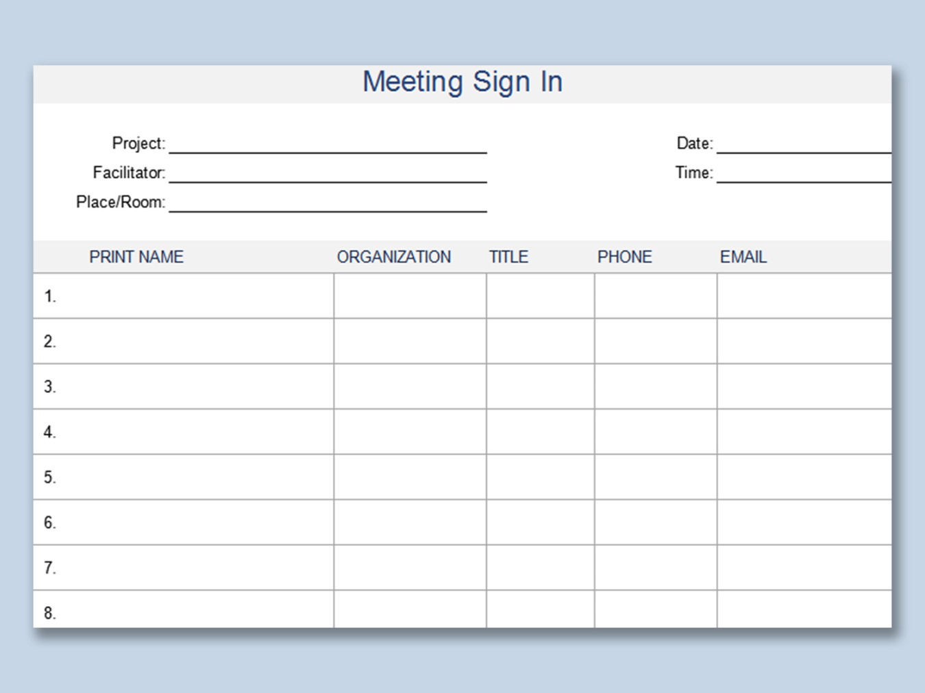 EXCEL of Meeting Sign In Sheet