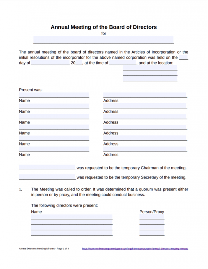 Free Annual Board of Directors Meeting Minutes Template