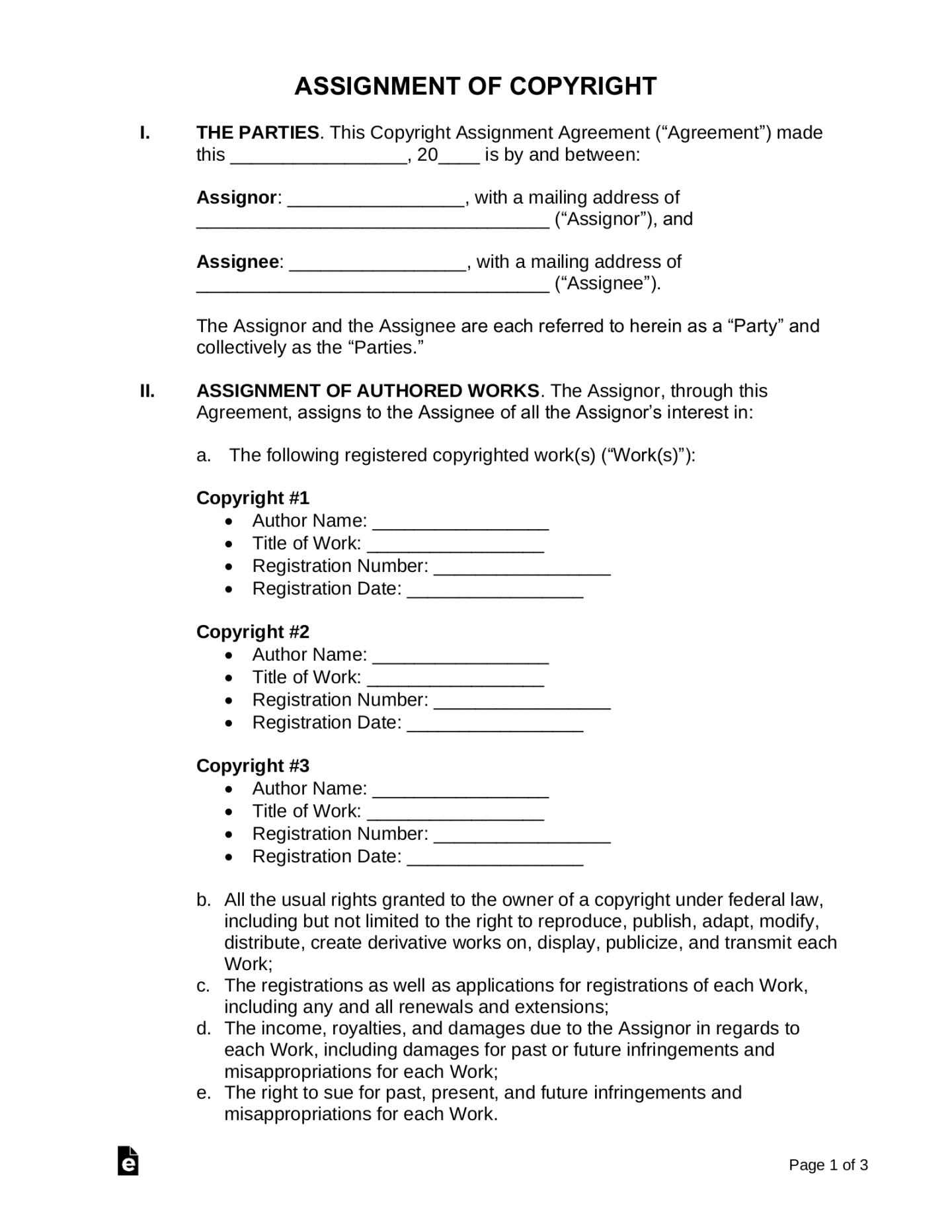 Free Copyright Assignment Agreement  Sample - PDF  Word – eForms