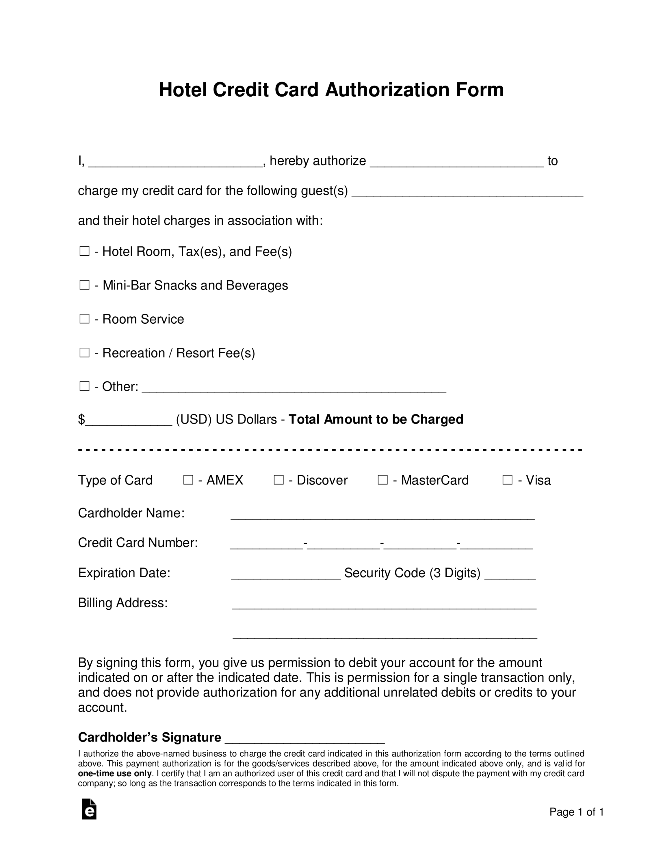 Free Hotel Credit Card Authorization Forms - PDF  Word – eForms