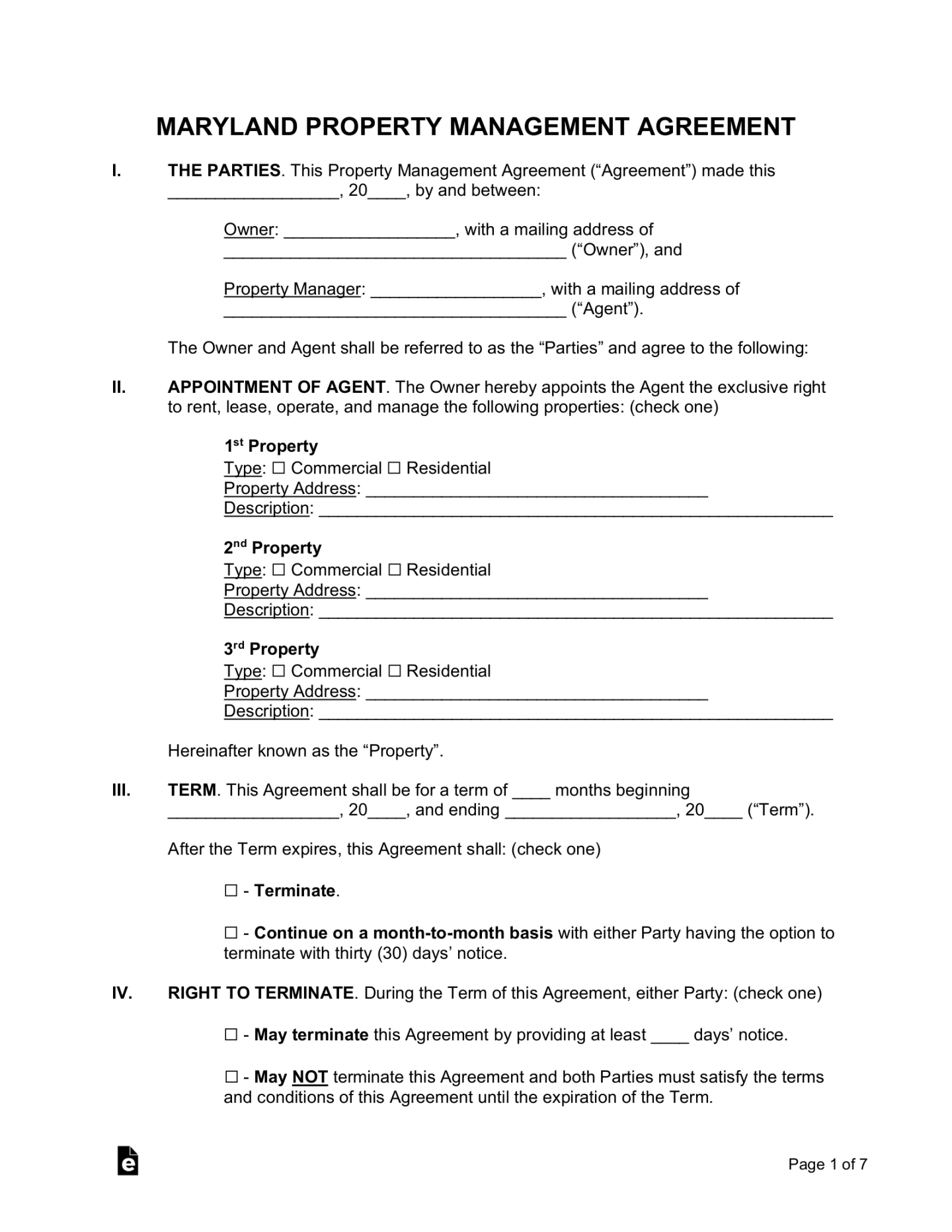 Free Maryland Property Management Agreement Template - PDF  Word