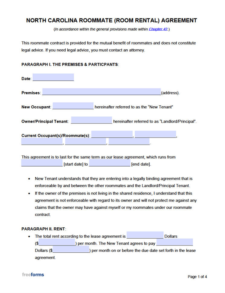 Free North Carolina Roommate (Room Rental) Agreement Template