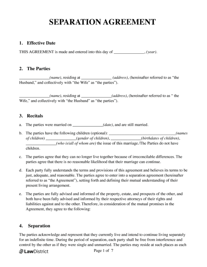 Free Separation Agreement Template  Form & PDF  LawDistrict