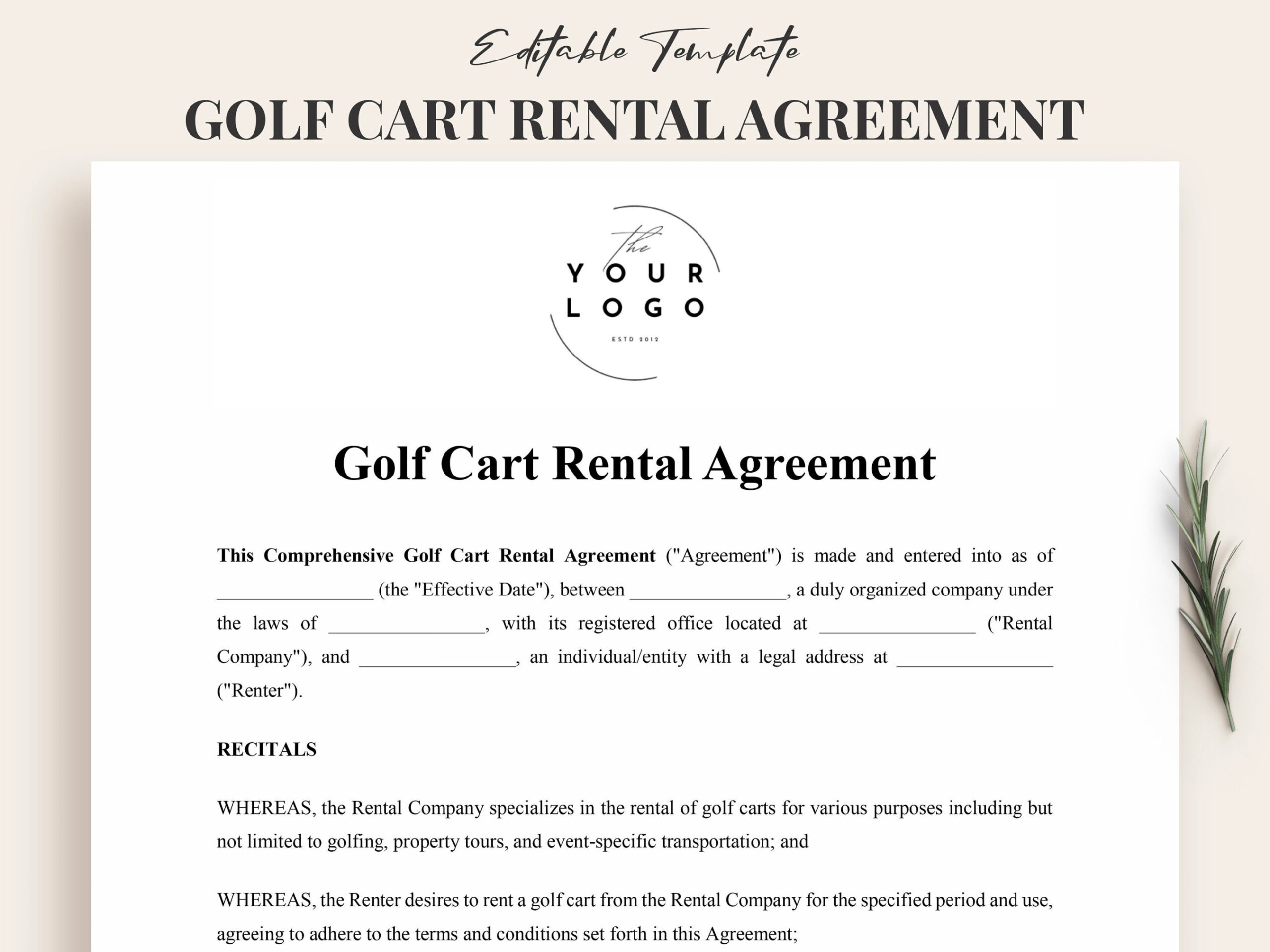 Golf Cart Rental Contract Template Instant Download Customizable