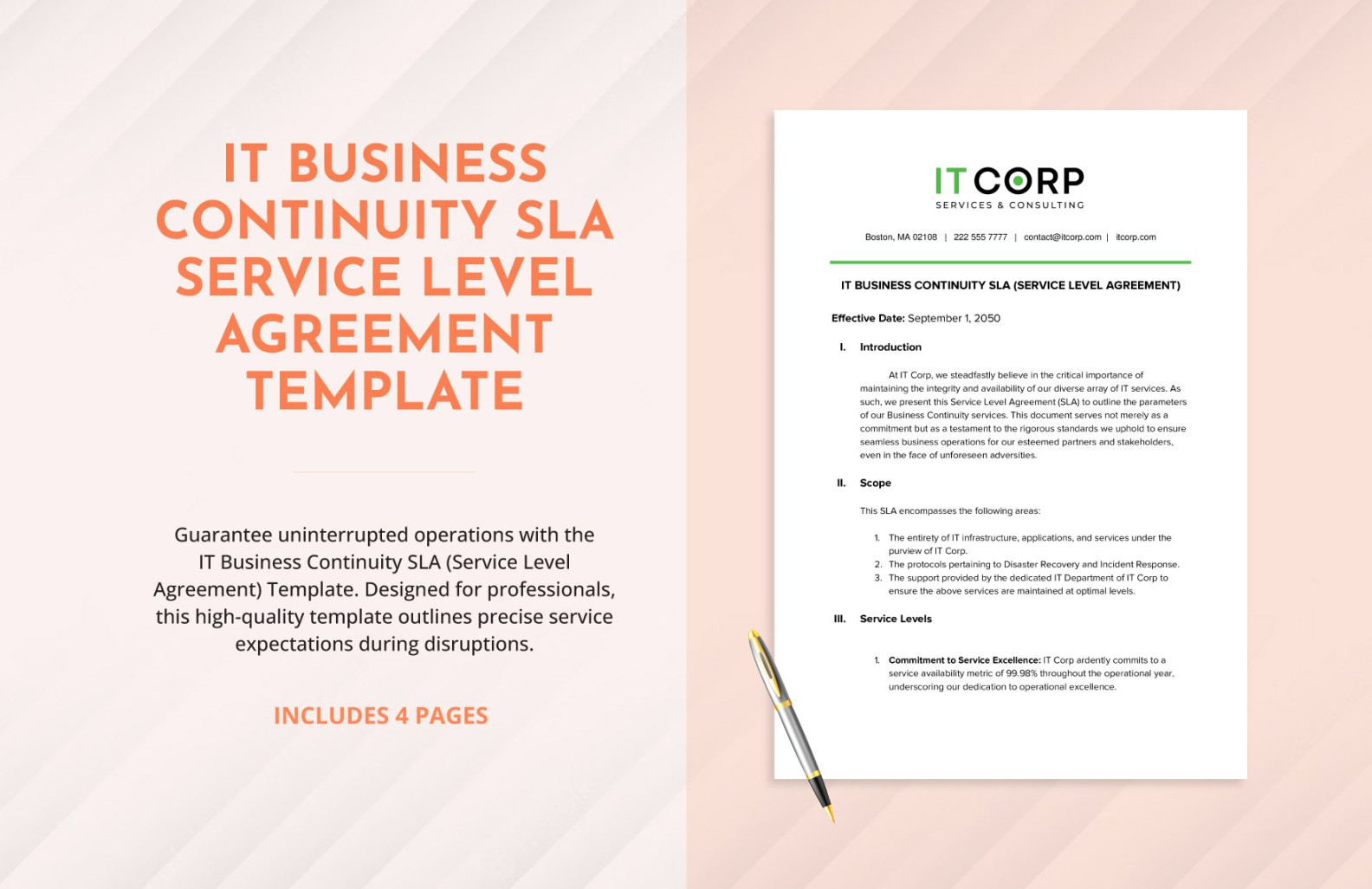 IT Business Continuity SLA (Service Level Agreement) Template in