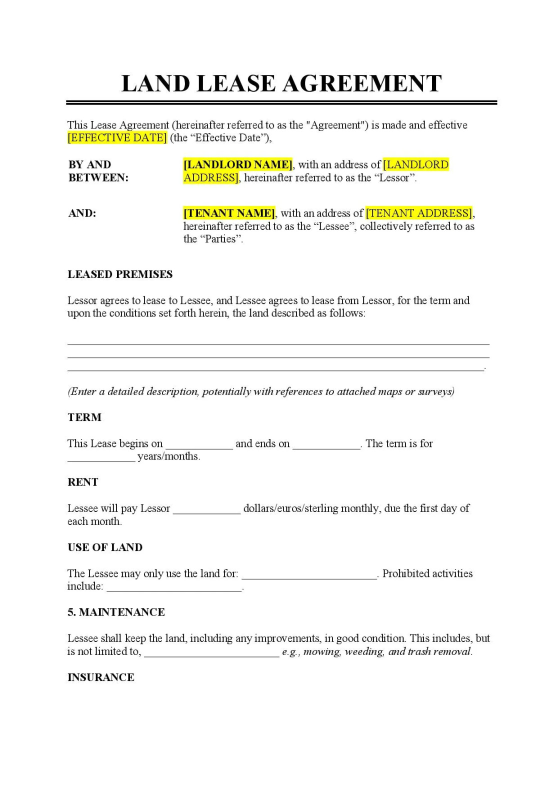 Land Lease Agreement Template - Free Download - Easy Legal Docs