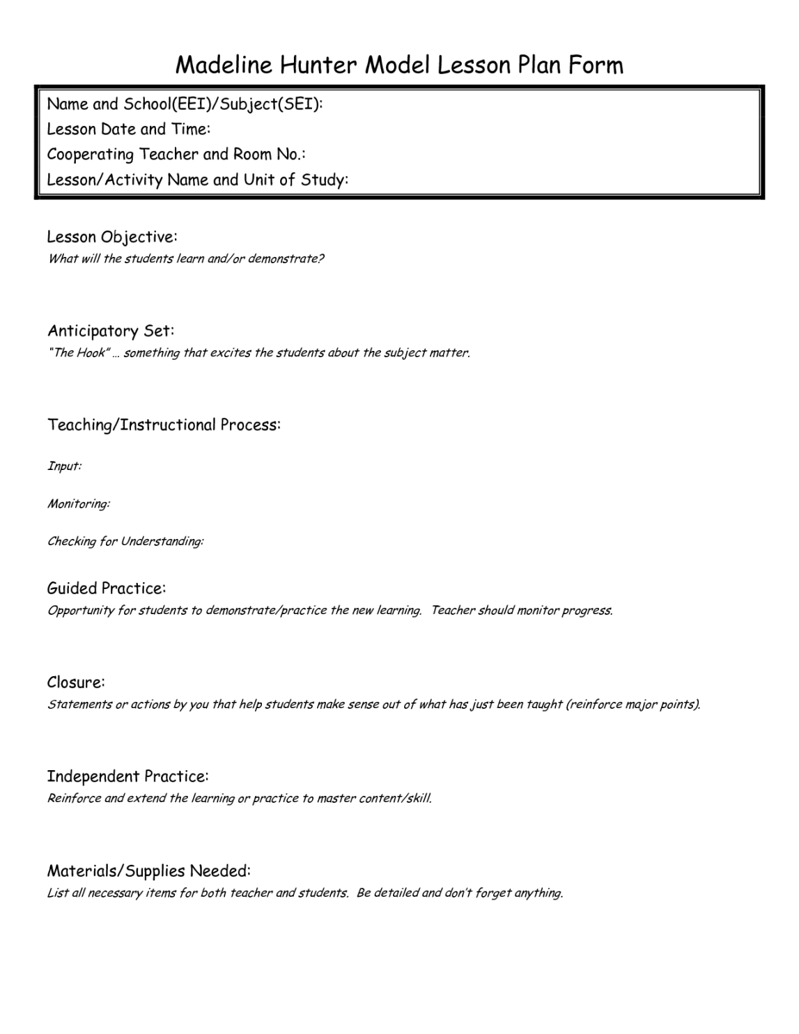 madeline hunter lesson plan template