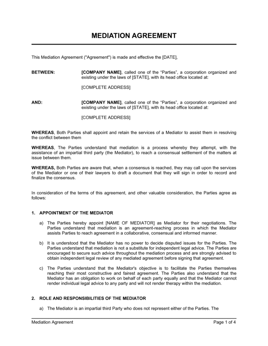 Mediation Agreement Template  [Download