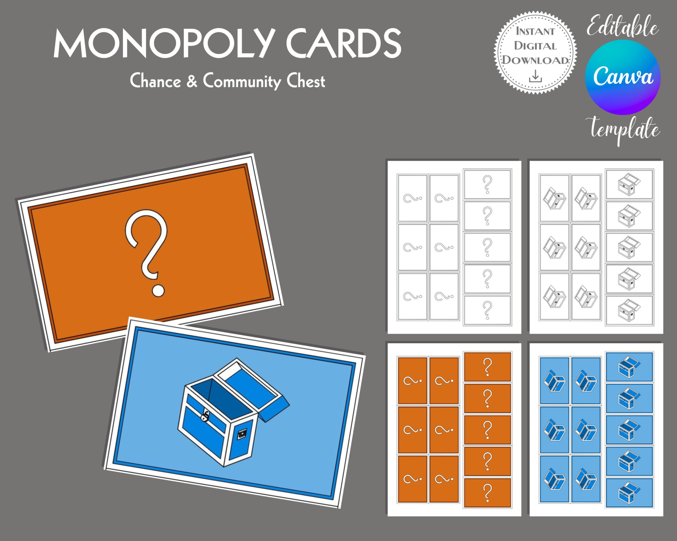 Monopoly Cards Editable Canva Template, Chance and Community Chest